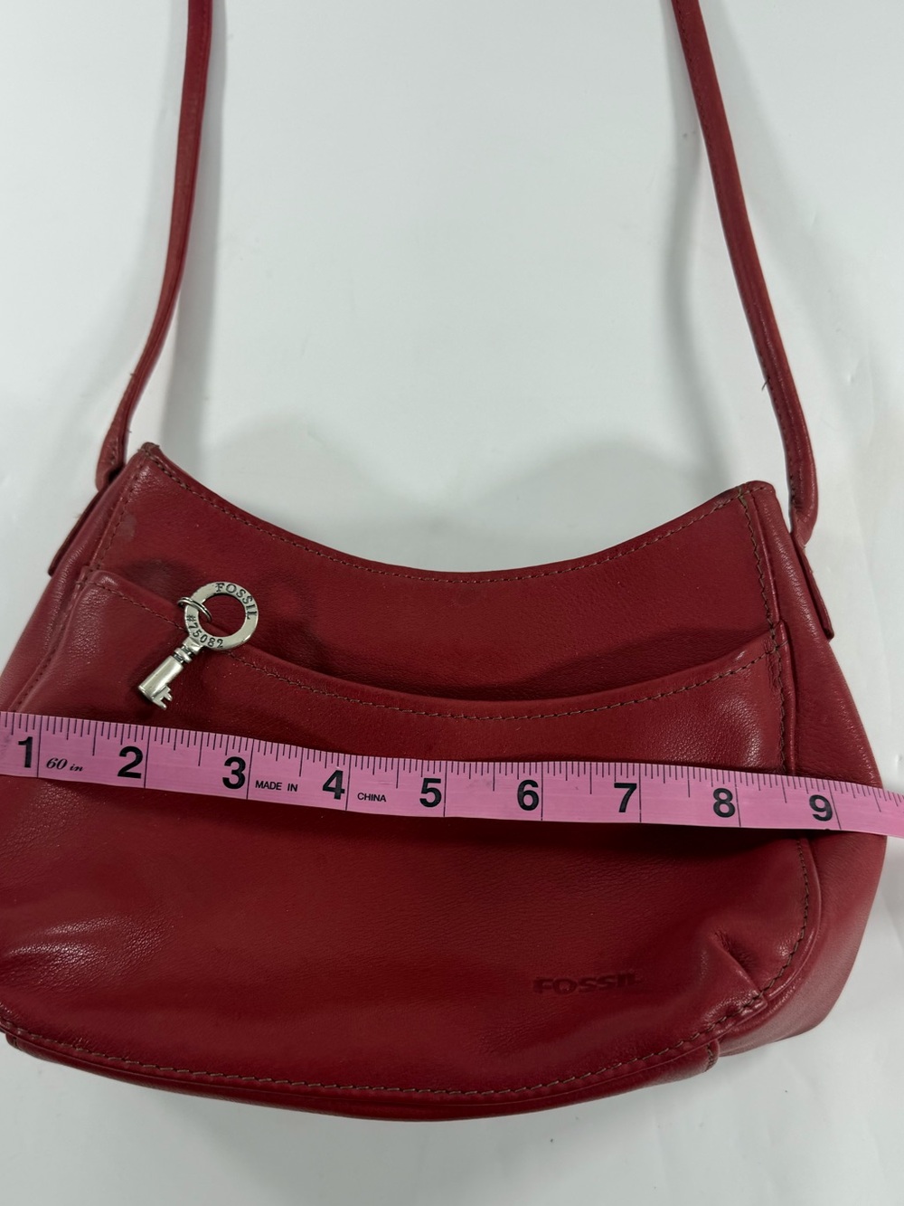 Vintage Y2K Fossil Red Leather Shoulder Bag Key Charm Small Crossbody Purse - Picture 7 of 9